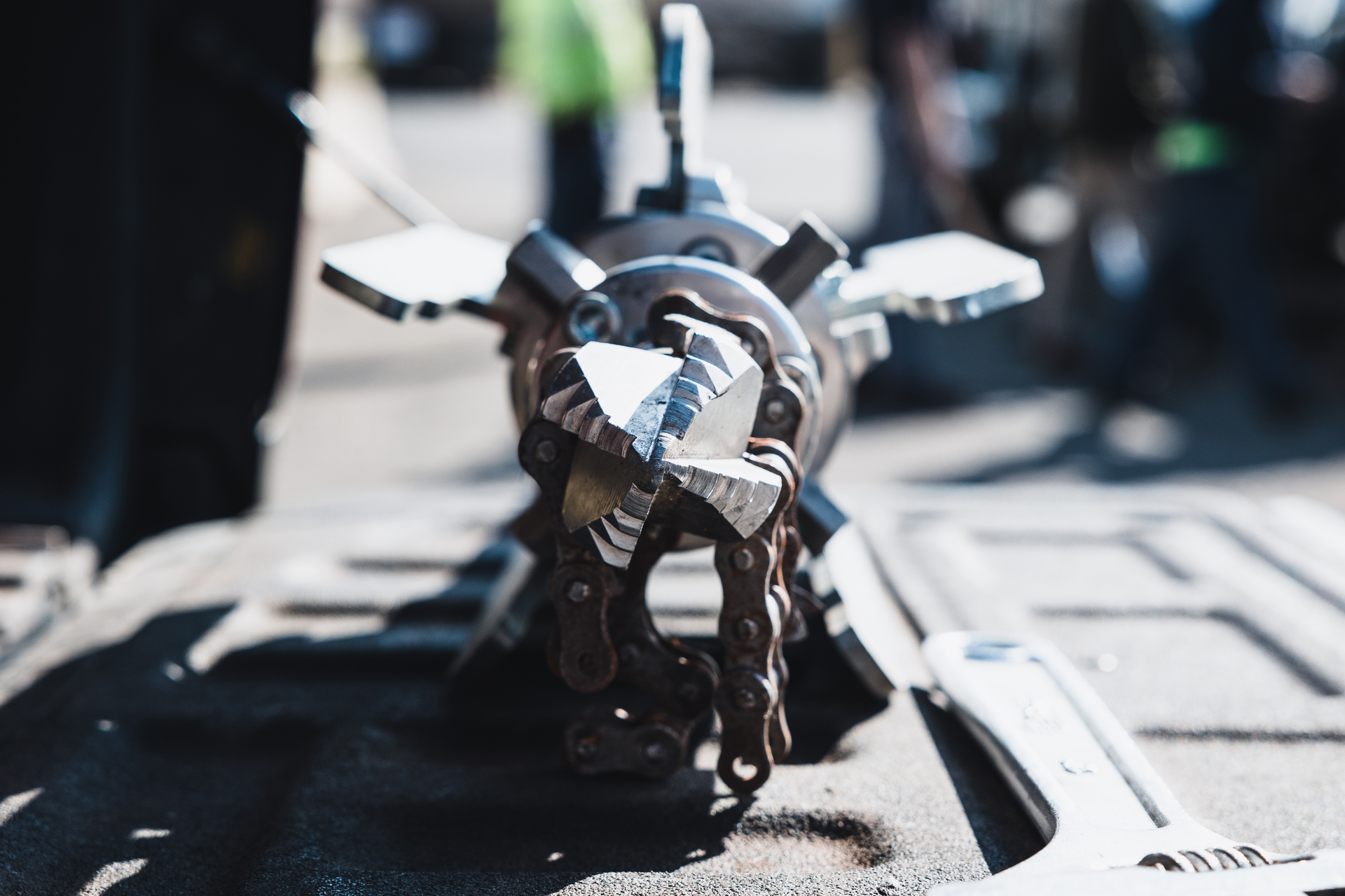 Chain cutter nozzles like those from KEG Technologies are designed to cut through difficult obstructions and thick root masses using high-pressure water that spins the cutting chains at high velocity.