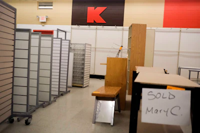 Fixtures and furniture are displayed for sale at the Kmart in Avenel, N.J., Monday, April 4, 2022. When the store closes its doors on April 16, it will leave only three remaining U.S. locations for the former retail powerhouse. It's a far cry from the chain's heyday in the 1980s and ‘90s when it had more than 2,000 stores and sold product lines endorsed by Martha Stewart and former “Charlie's Angel” Jaclyn Smith.
