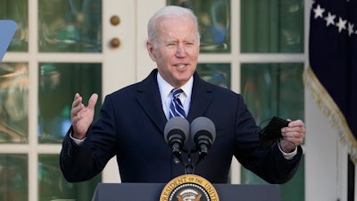 President Joe Biden speaks in the Rose Garden of the White House, in Washington, Nov. 19, 2021. Biden's administration is taking steps to expand availability of the life-saving COVID-19 antiviral treatment Paxlovid. It's trying to reassure doctors that there is ample supply for people at high risk of severe illness or death from the virus.
