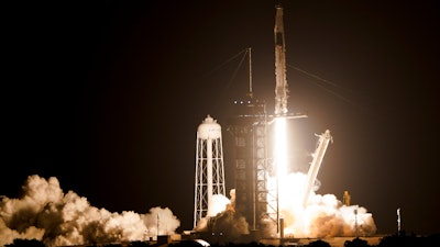 A SpaceX Falcon 9 rocket lifts off from pad 39A at the Kennedy Space Center in Cape Canaveral, Fla., Wednesday, April 27, 2022. NASA astronauts Kjell Lindgren, Robert Hines, and Jessica Watkins, and European Space Agency astronaut Samantha Cristoforetti on the Crew Dragon spacecraft begin a six-month expedition on the International Space Station.