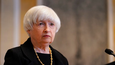 Treasury Secretary Janet Yellen listens to a question during a news conference at the Treasury Department in Washington, Thursday, April 21, 2022.
