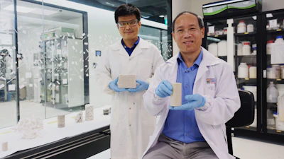 From left to right: Dr. Wu Shifan, Senior Research Fellow, Centre for Urban Solutions, School of Civil and Environmental Engineering, NTU and Professor Chu Jian, Chair of the School of Civil and Environmental Engineering, NTU holding up blocks of biocement made from urea and carbide sludge.