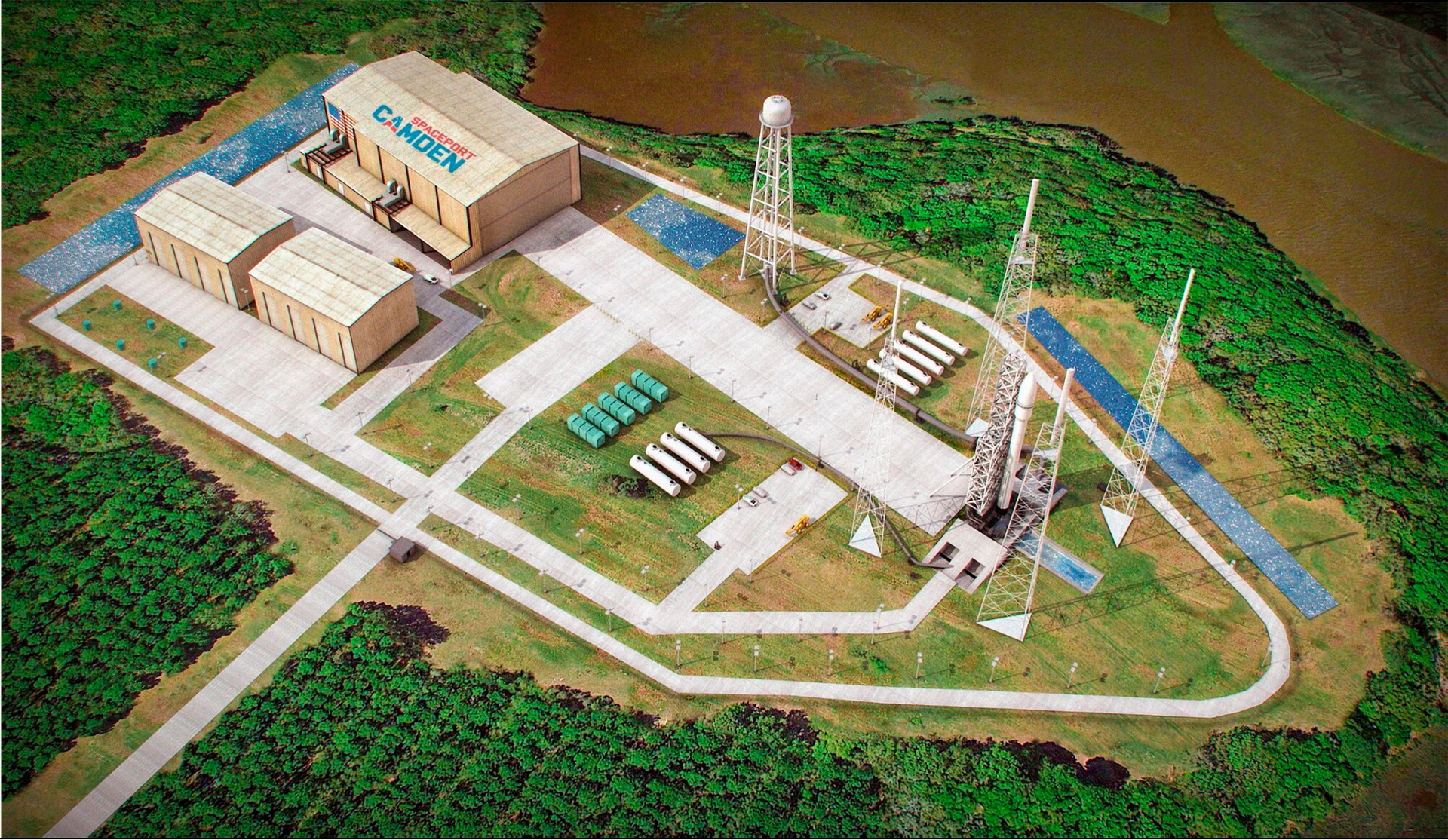 This artist's sketch provided by Spaceport Camden shows the launch pad complex of the proposed Spaceport Camden in Camden County, Ga. Opponents of a proposed launchpad for commercial rockets on the Georgia coast are asking a court to throw out the project's government license, Thursday, May 26, 2022, saying the Federal Aviation Administration failed to correctly assess the risks of firing rockets over homes and a barrier island popular with tourists.