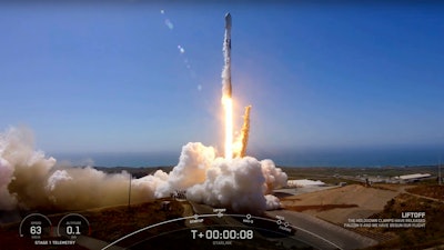 This video image provided by SpaceX, a SpaceX Falcon 9 mission to launch 53 Starlink satellites to low-Earth orbit from Space Launch Complex 4 East (SLC-4E), takes off from Vandenberg Space Force Base, Calif., on Friday, May 13, 2022.