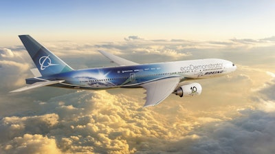 The Boeing 2022 ecoDemonstrator will test 30 technologies to enhance safety and sustainability. Shown here, an image of the airplane – a Boeing-owned 777-200 ER (Extended Range).