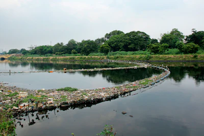 In this July 2018 photo provided by AlphaMERS Ltd, a floating fence collects trash in the Cooum River in Chennai, India. Many novel devices are being used or tested worldwide to trap plastic trash in rivers and smaller streams before it can get into the ocean.
