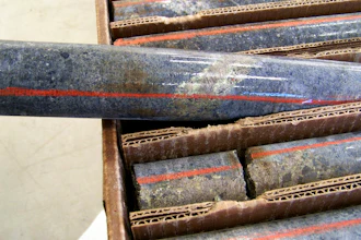 In this Oct. 4, 2011, photo, a core sample drilled from underground rock near Ely, Minn., shows a band of shiny minerals containing copper, nickel and precious metals, center, that Twin Metals Minnesota LLC, hopes to mine near the Boundary Waters Canoe Area Wilderness in northeastern Minnesota. The U.S. Forrest Service issued a draft environmental assessment Thursday, June 23, 2022, that backs a proposed 20-year moratorium on copper-nickel mining upstream from the Boundary Waters Canoe Area Wilderness.