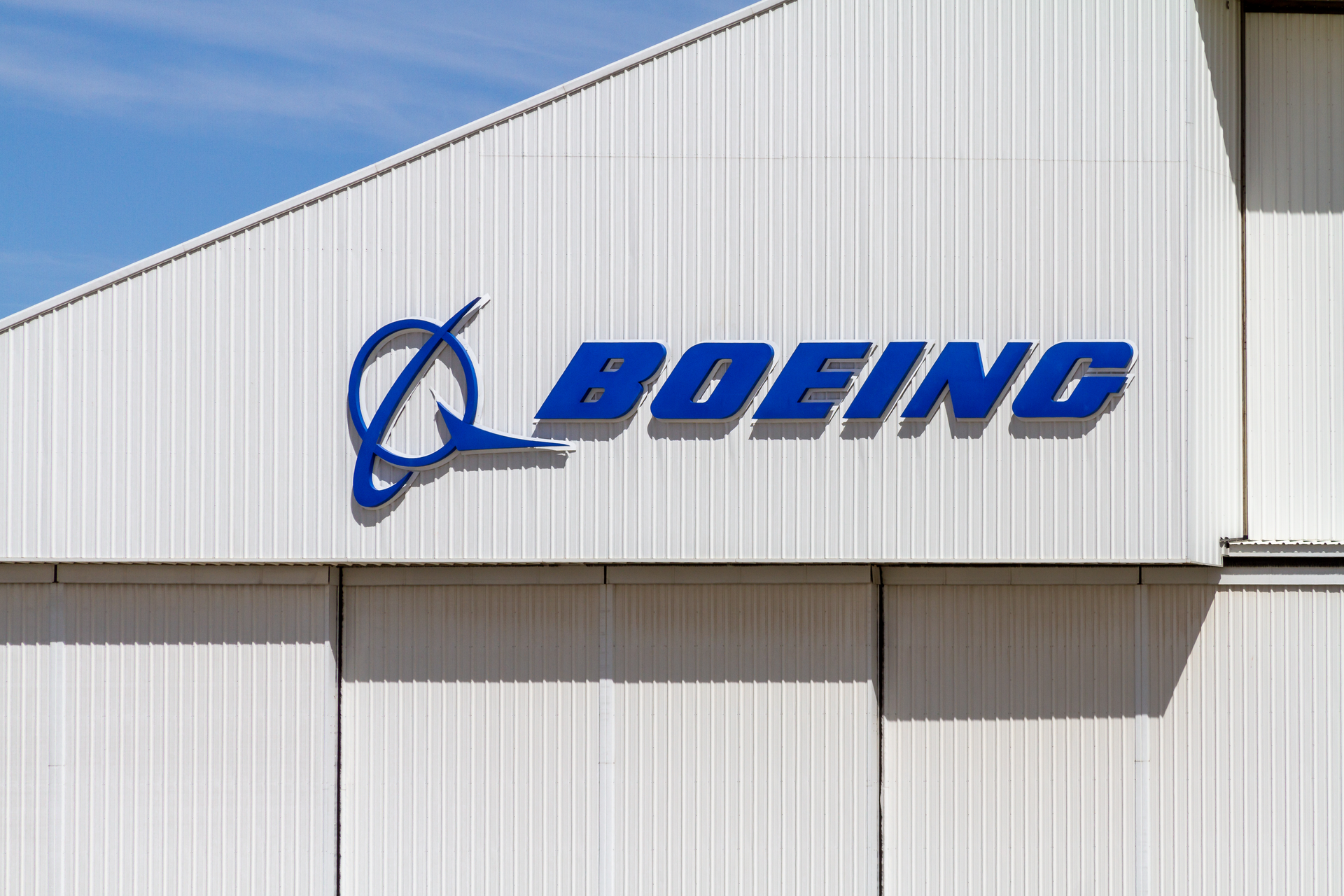 Boeing logo on a building at the Southern California Logistics Airport, Victorville, Calif., March 2017.
