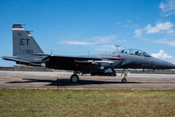 An F-15E Strike Eagle equipped with an AIM-120 D3 taxies at Eglin Air Force Base, FL for the first live-fire test of an AMRAAM F3R missile against a target.