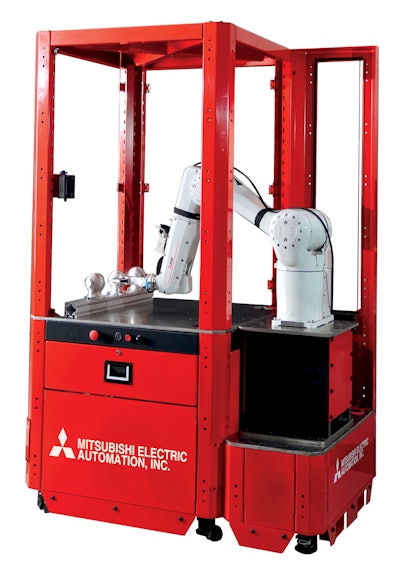 The Mitsubishi LoadMate Plus machine maintenance robot cell can be easily integrated into CNC machines in one step using MEA's direct robot control feature.
