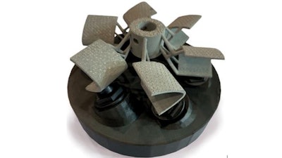 A 3D-printed fixturing system using Blue Photon grippers and BlueGrip workholding adhesive to hold an additive impeller part for post-processing.