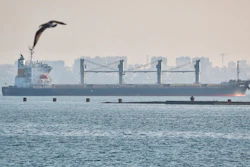 The ship Navi-Star carrying a load of corn starts its way from the port in Odesa, Ukraine, Friday, Aug. 5, 2022. Ukraine is a major global grain supplier but the war had blocked most exports, so the July 22 deal aimed to ease food security around the globe. World food prices have been soaring in a crisis blamed on the war, supply chain problems and COVID-19.