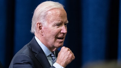President Joe Biden reacts as he departs after speaking at a Democratic National Committee event at the Gaylord National Resort and Convention Center, Thursday, Sept. 8, 2022, in Oxon Hill, Md.