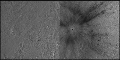 This combination of images made available by NASA on Thursday, Oct. 27, 2022, shows the site on Mars before and after a meteoroid hit the surface of the planet. The impact occurred on Dec. 24, 2021, in a region of Mars called Amazonis Planitia.