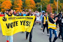 Amazon workers and supporters march during a rally in Castleton-On-Hudson, about 15 miles south of Albany, N.Y., Monday, Oct. 10, 2022. The startup union that clinched a historic labor victory at Amazon earlier this year is slated to face the company yet again, aiming to rack up more wins that could force the reluctant retail behemoth to the negotiating table.