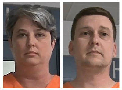 These booking photos released Oct. 9, 2021, by the West Virginia Regional Jail and Correctional Facility Authority show Diana Toebbe, left, and Jonathan Toebbe.