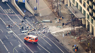 Debris lay in front of a hotel in Berlin, Germany, Friday, Dec. 16, 2022.