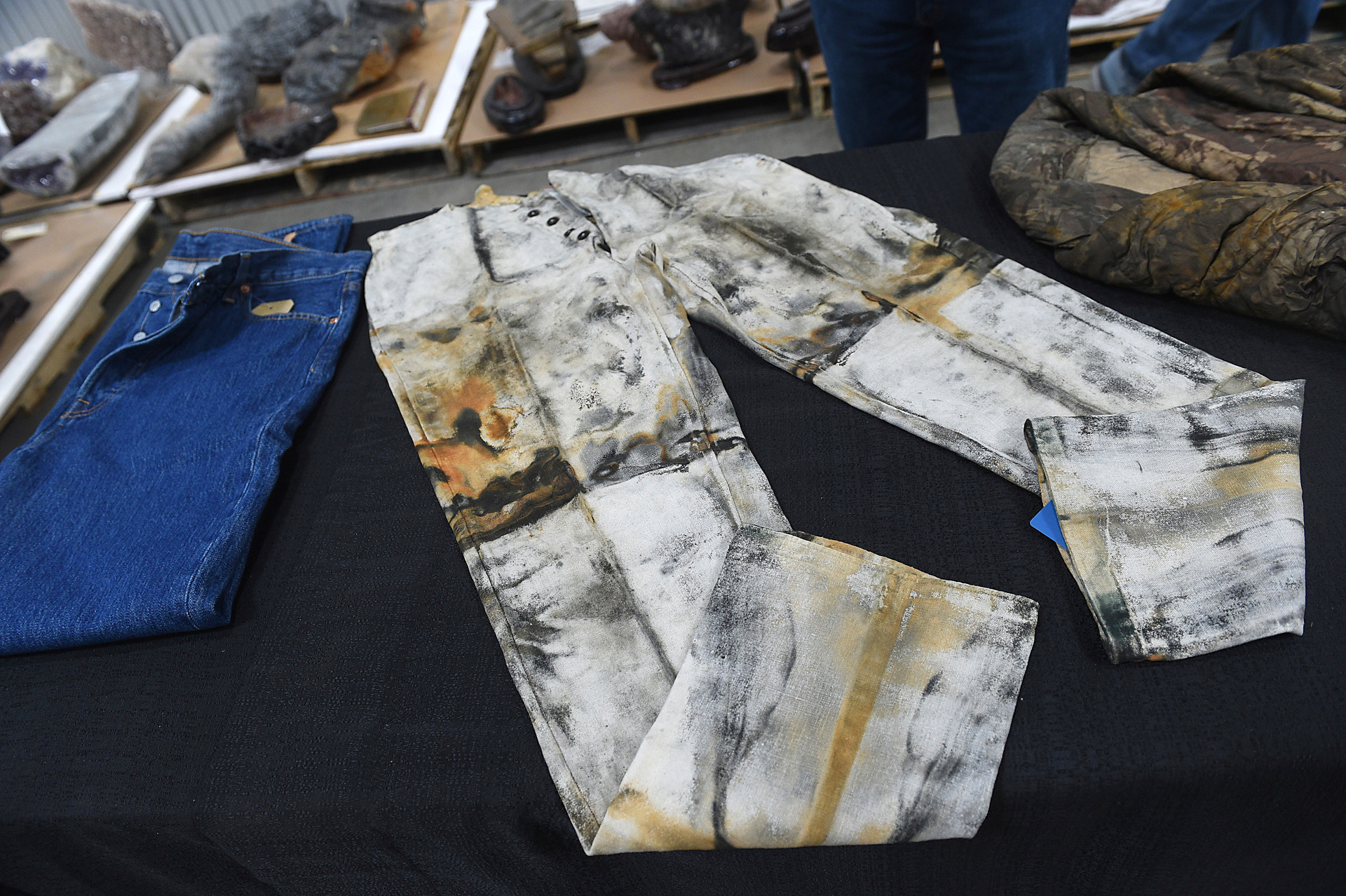 A pair of work pants, possibly made by or for Levi Strauss, from the S.S. Central America are seen in a warehouse in Sparks, Nev., on May 4, 2022.