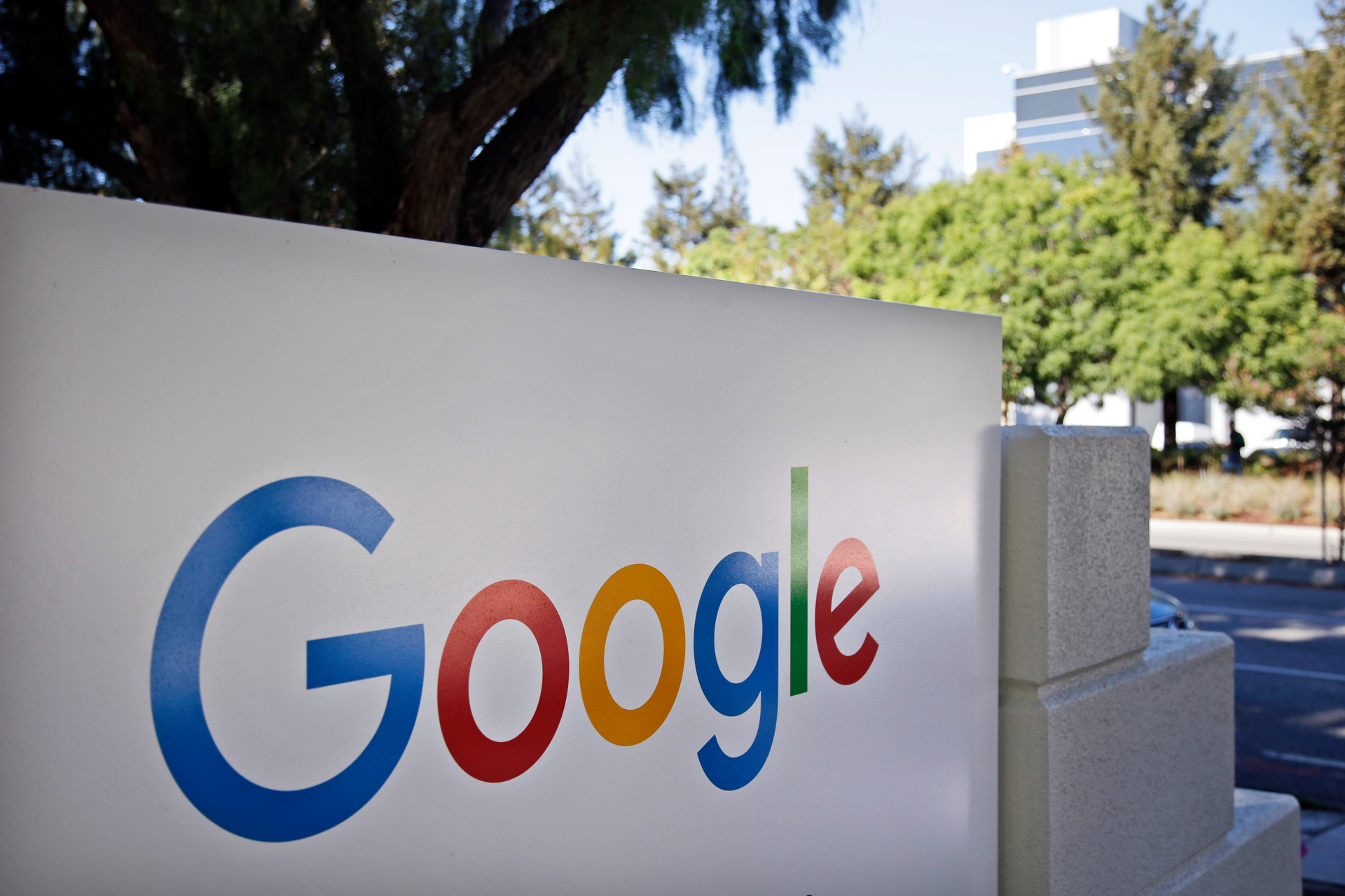 In this Oct. 20, 2015 file photo is signage outside Google headquarters in Mountain View, Calif.