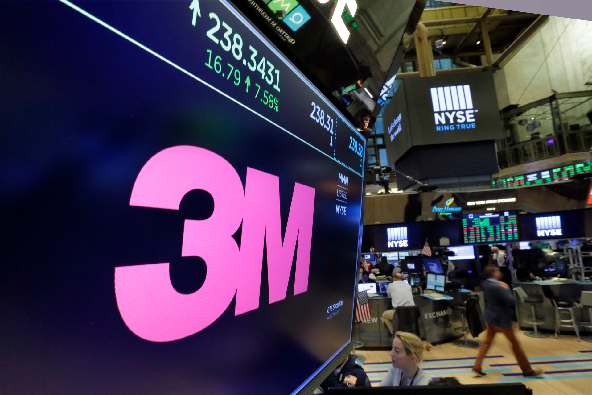 3M logo above the trading floor of the New York Stock Exchange, Oct. 24, 2017.