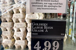 A grocery store in Cheverly, Md., posts a sign to apologize for the increased price of their eggs, Tuesday, Jan. 10, 2023.