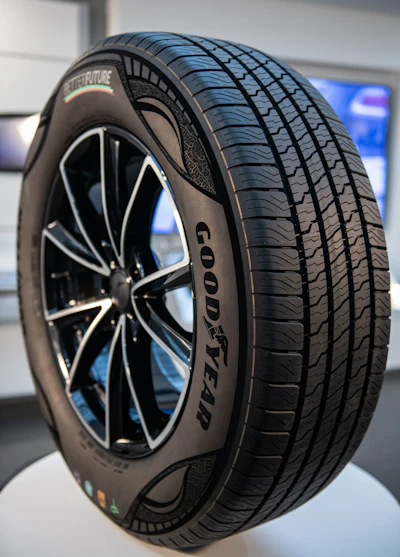 Goodyear’s 90% sustainable-material demonstration tire includes 17 featured ingredients across 12 different components.