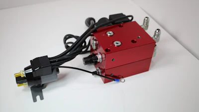With the submerged HPU, the distributor can purchase a single SKU item to hold in inventory and then the needed manifolds, like this Double-Single manifold from KTI Hydraulics.