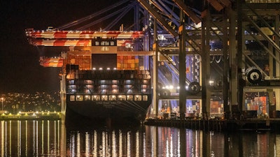 The Container ship Cam Cgm Arctic (MT) is moored at Maersk APM Terminals Pacific, Pier 400, at the Port of Los Angeles on Monday, Nov. 21, 2022.