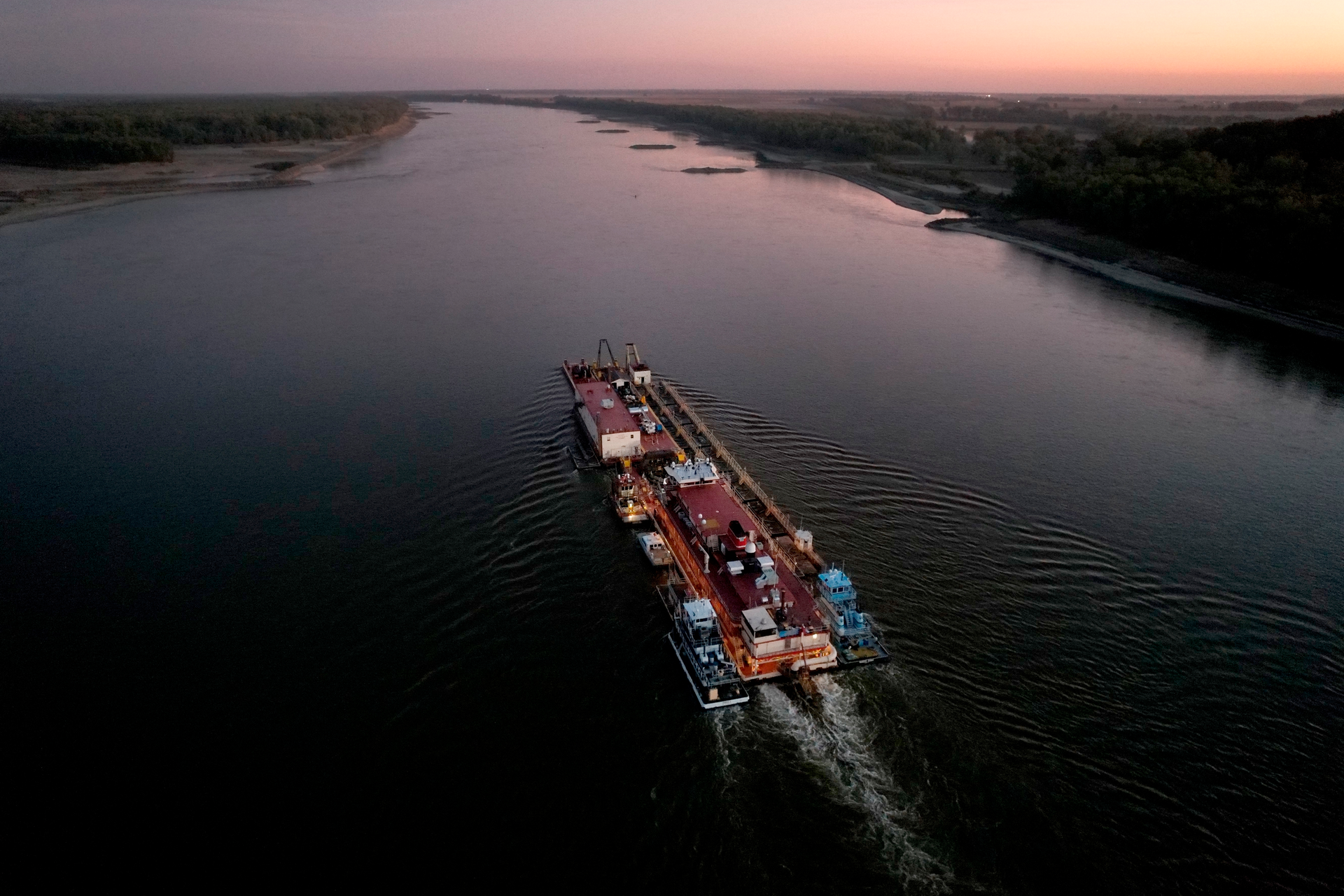 Dredge Jadwin, a U.S. Army Corps of Engineers dredging vessel, powers south down the Mississippi River Wednesday, Oct. 19, 2022, past Commerce, Mo. Amid a major drought in the Western U.S., a proposed solution comes up repeatedly: large-scale river diversions, including pumping Mississippi River water to parched states.