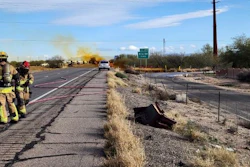 This image provided by the Arizona Department of Public Safety shows what the department says was an accident involving a commercial tanker truck that caused a hazardous material to leak onto Interstate 10 outside Tucson, Ariz., on Tuesday, Feb. 14, 2023, prompting state troopers to shut down traffic on the freeway.