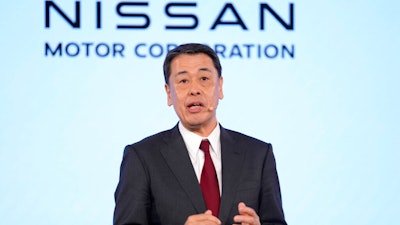 Nissan Chief Executive Makoto Uchida speaks during a Renault Nissan Mitsubishi press conference in London, on Feb. 6, 2023. Nissan is speeding up its shift toward electric vehicles, especially in Europe where emissions regulations are most stringent, the company said Monday, Feb. 27, 2023.