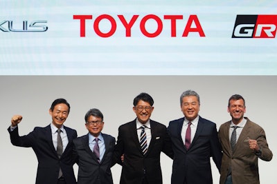 Koji Sato, center, Toyota chief branding officer and CEO-designate poses with his management teams, Kazuaki Shingo, left, chief production officer, Yoichi Miyazaki, second left, executive vice president, CFO, Hiroki Nakajima, second right, executive vice president, CTO, Simon Humphries, right, chief branding officer, during a press conference Monday, Feb. 13, 2023, in Tokyo. Sato, who was appointed the next president at Japan’s top automaker Toyota, introduced a management team Monday that he said will lead an aggressive push on electric vehicles.