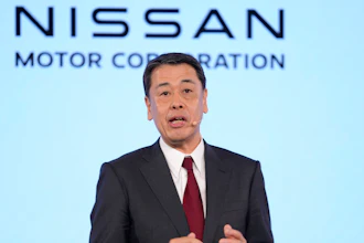 Nissan Chief Executive Makoto Uchida speaks during a Renault Nissan Mitsubishi press conference in London, Monday, Feb. 6, 2023.