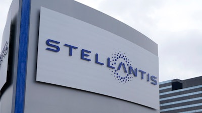 In this file photo taken on Jan. 19, 2021, the Stellantis sign is seen outside the Chrysler Technology Center, Tuesday,, in Auburn Hills, Mich.