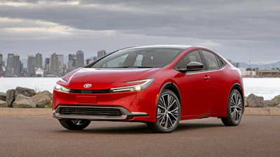 This photo provided by Toyota shows the 2023 Toyota Prius, a small liftback vehicle that has an EPA estimate of up to 57 mpg combined.