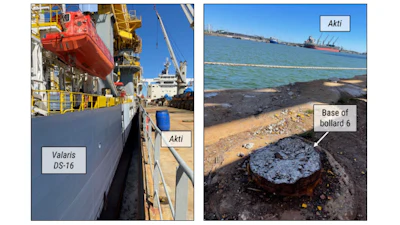 Postcasualty photos showing VALARIS DS-16 alongside the Akti after making contact (left) and the remaining base of bollard 6 after breakaway (right).