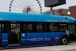 A Chicago Transit Authority electric bus charges at Navy Pier Tuesday, Feb. 14, 2023, in Chicago.