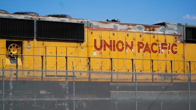 A Union Pacific train engine sits in a rail yard on Wednesday, Sept. 14, 2022, in Commerce, Calif.