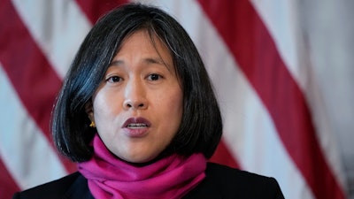 U.S. Trade Representative Katherine Tai speaks during a meeting with Japan's Minister for Economy, Trade, and Industry Nishimura Yasutoshi before they signed a memorandum of cooperation at the White House Complex in Washington, Friday, Jan. 6, 2023.