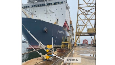 VALARIS DS-16 moored at STEHMO Shipyard at an unknown date before the casualty with lines secured to bollard 6 (before lines were adjusted for the March 12 strong winds).