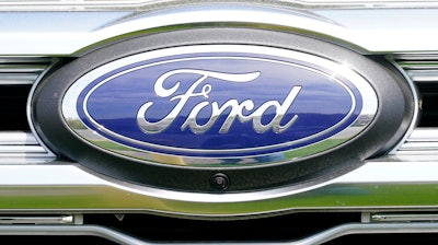 A logo on a vehicle at a Ford dealership in Springfield, Pa., Tuesday, April 26, 2022.
