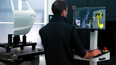 Quality professional creates and tests the full robotic quality inspection routine for a car door offline in software powered by a digital twin of the hardware.