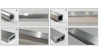 Extrusions made from AA6063 industrial scrap by ShAPE producing (a) circular, (b) square, (c) trapezoidal, and (d) two-cell trapezoidal profiles.