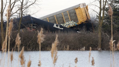 Derailed cars on a Norfolk Southern cargo train near Springfield, Ohio, March 4, 2023.
