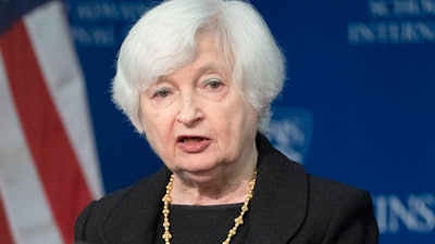 Treasury Secretary Janet Yellen speaks at Johns Hopkins University School of Advanced International Studies, Washington, April 20, 2023.