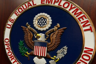 The emblem of the U.S. Equal Employment Opportunity Commission on a podium in Vail, Colo., Feb. 16, 2016.