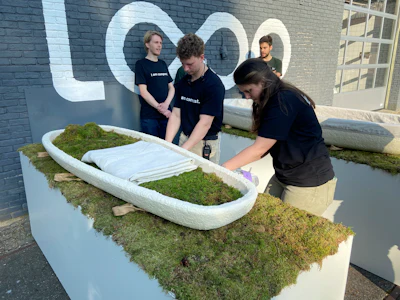 Dutch startup Loop Biotech displays cocoon-like coffins, grown from local mushrooms and up-cycled hemp fibres, designed to dissolve into the environment amid growing demand for more sustainable burial practices, in Delft, Netherlands, Monday, May 22, 2023.