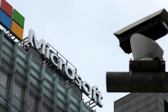 A security surveillance camera is seen near the Microsoft office building in Beijing, July 20, 2021.