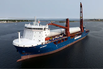 The ship UHL Felicity, carrying massive parts for offshore wind turbines, arrives to dock Wednesday, May 24, 2023, in New Bedford, Mass.