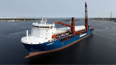 The ship UHL Felicity, carrying massive parts for offshore wind turbines, arrives to dock Wednesday, May 24, 2023, in New Bedford, Mass.